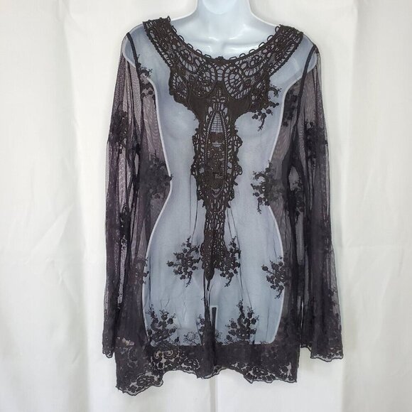 Black Floral Mesh Lace Crochet Open Top Cardigan M Witchy Whimsigoth Dark Fairy - Picture 3 of 8